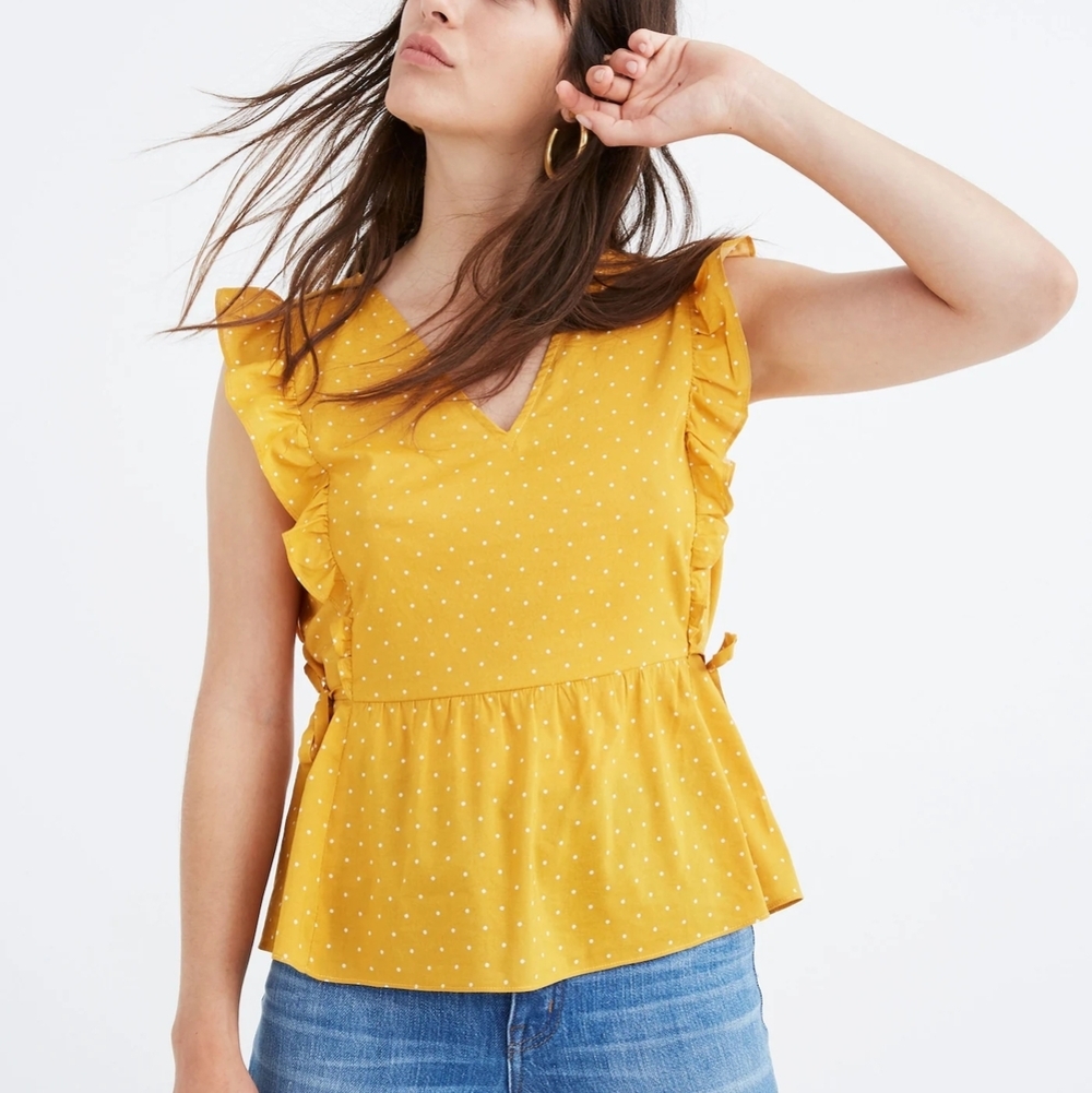Madewell Side-Tie Ruffle Peplum Top in Polka Dot Size M